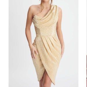 Lavish Alice One Shoulder Pleated Sequin Cowl Midi Dress In Bronze 4 NWT
